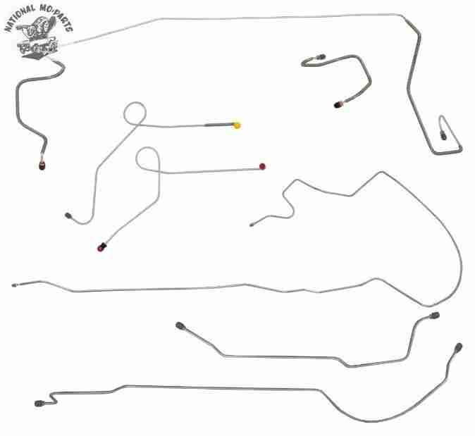 1968-9 A Body Right Port 1pc F to R Power Drum 8 3/4 Brake Line Kit 7pc, OE Steel