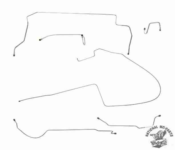 1966 B Body Straight Right Port 1pc F to R Manual Drum 8 3/4 Brake Line Kit 6pc, Stainless Steel